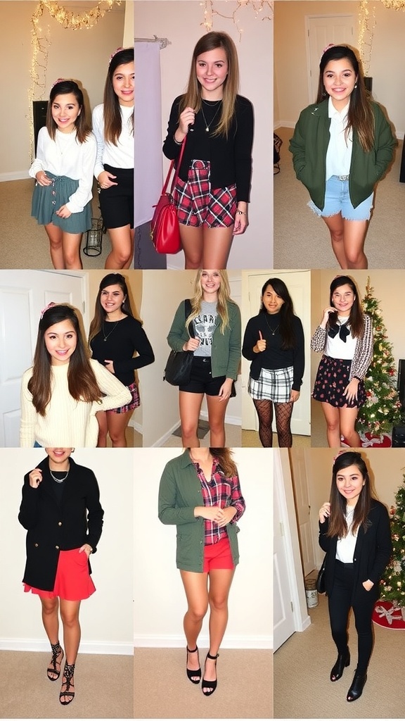 A vibrant display of college students in stylish Christmas party outfits, surrounded by festive decorations.